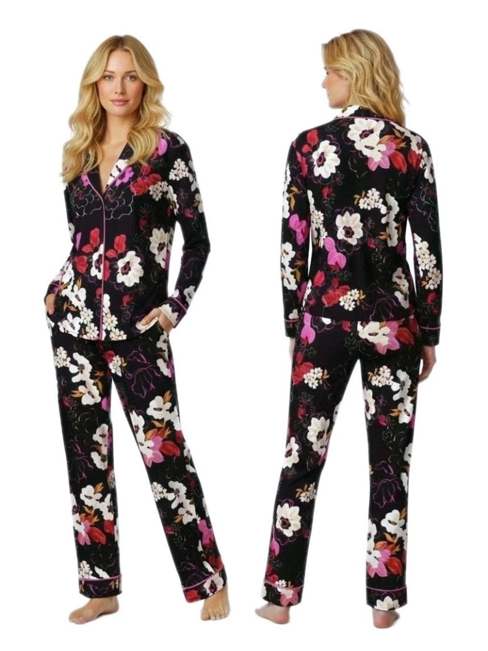 Room service Floral Black Women's Pajama Set - Long Sleeve & Pants, cozy pajamas